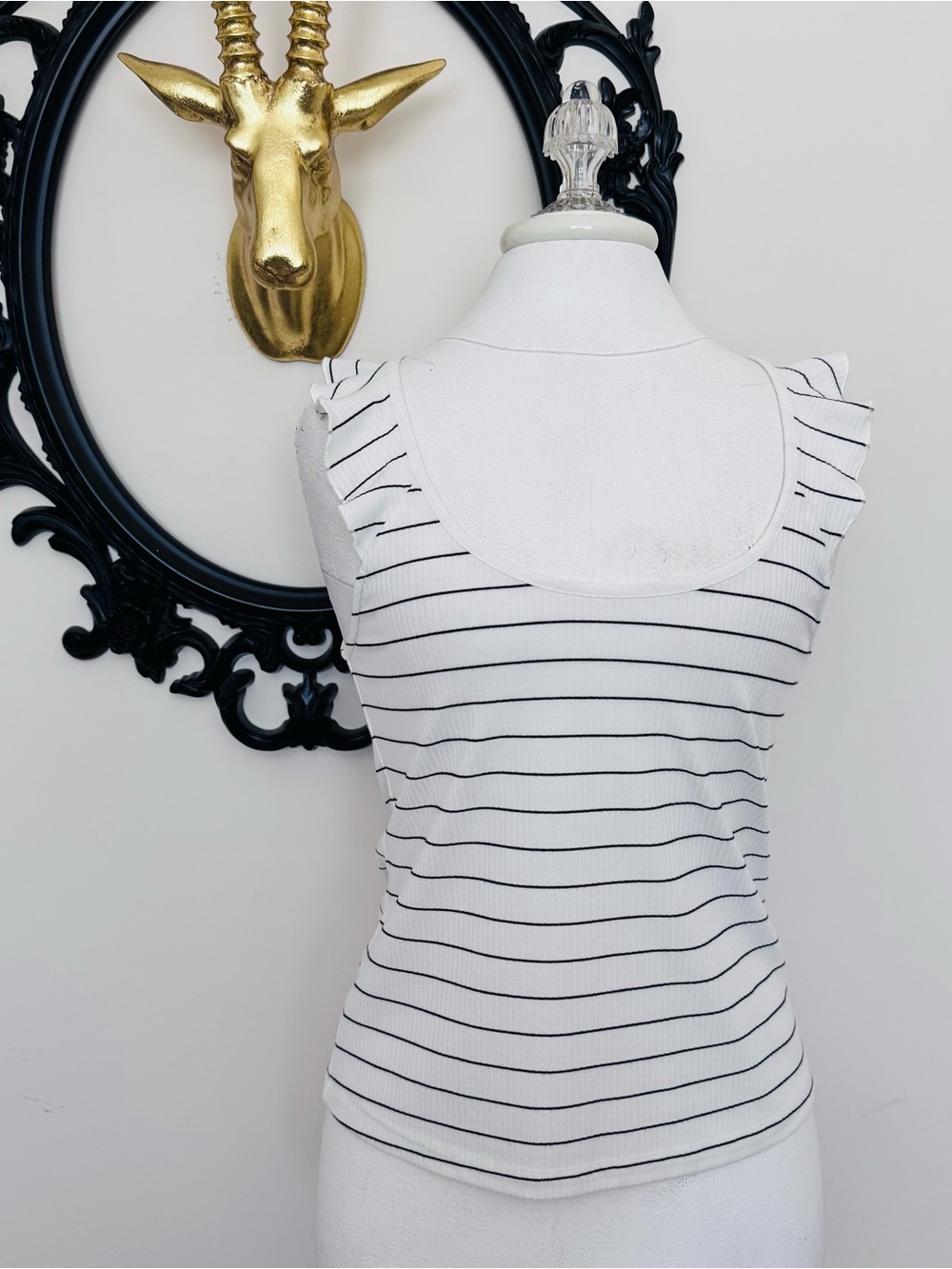 Black Swan White Striped Scoop Neck Ruffle Sleeve Tank Top